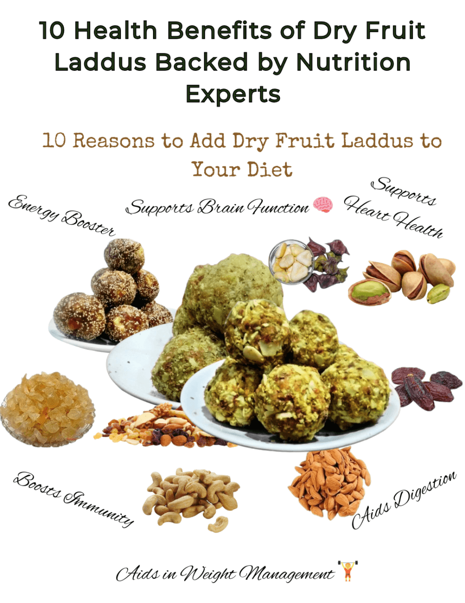 Infographic displaying the top 10 health benefits of dry fruit laddus, featuring colorful icons representing energy boost, heart health, digestion, immunity, skin glow, weight management, mood enhancement, and more.